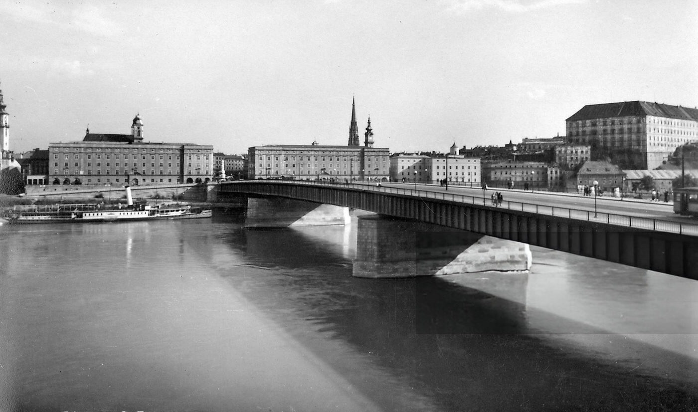 Bridge over the Danube River in Linz, Austria, 1936.