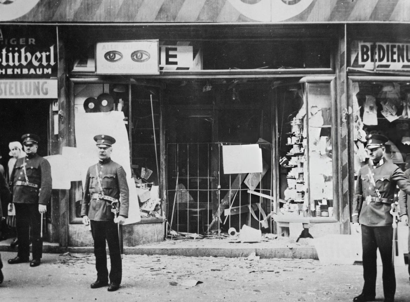 A Jewish shop damaged during Kristallnacht, Vienna, 1938.