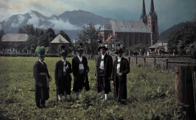 Pongau field and forest guards standing in a field with their guns, Austria, 1929.