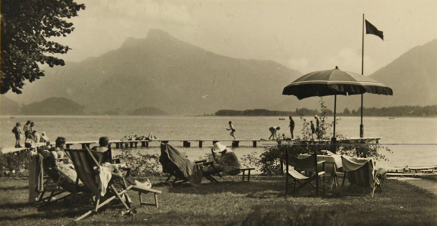 Beach at Mondsee, Austria, 1930s.