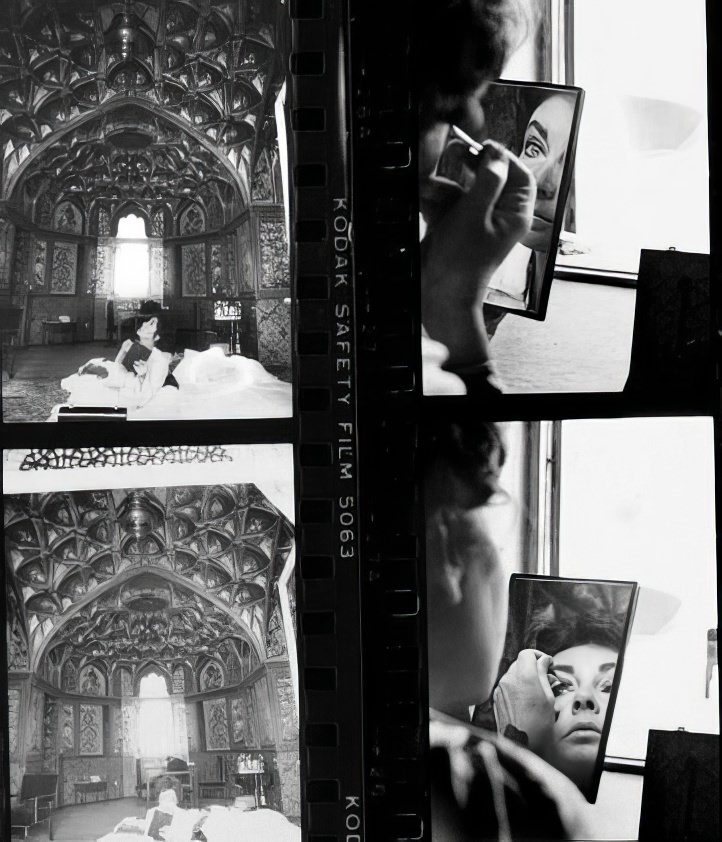 While in Isfahan, Taylor stayed at the Shah Abbas hotel, a converted royal palace. Here, Zahedi contrasts photos of the palace’s soaring ceilings with those of Taylor applying makeup