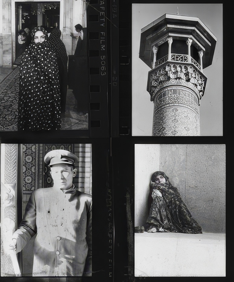Taylor appears covered outside the Shah Chirag Shrine in Shiraz, top left, in this assemblage of four black-and-white photos