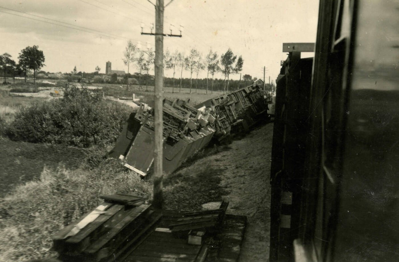 Derailed train in Holland, 1930s.