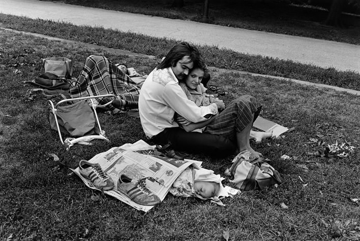 Central Park, Couple with Baby in Newspaper, 1973