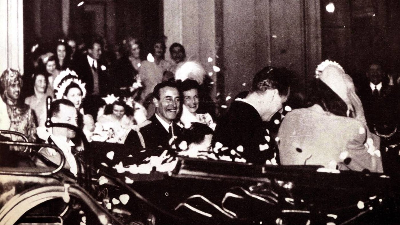Earl and Countess Mountbatten of Burma being showered with rose petals after their wedding, 1947.