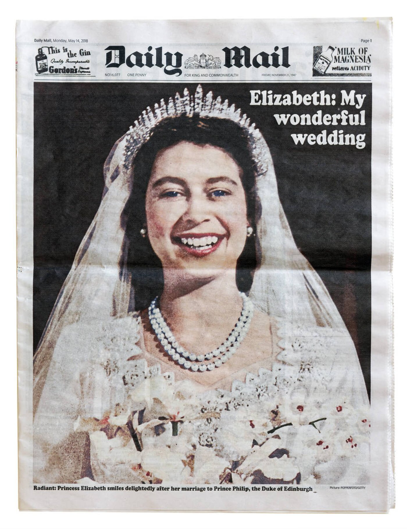 A reproduction of the Daily Mail from November 21 1947 celebrating the marriage of Princess Elizabeth Windsor to Prince Philip, Duke of Edinburgh, 1947.