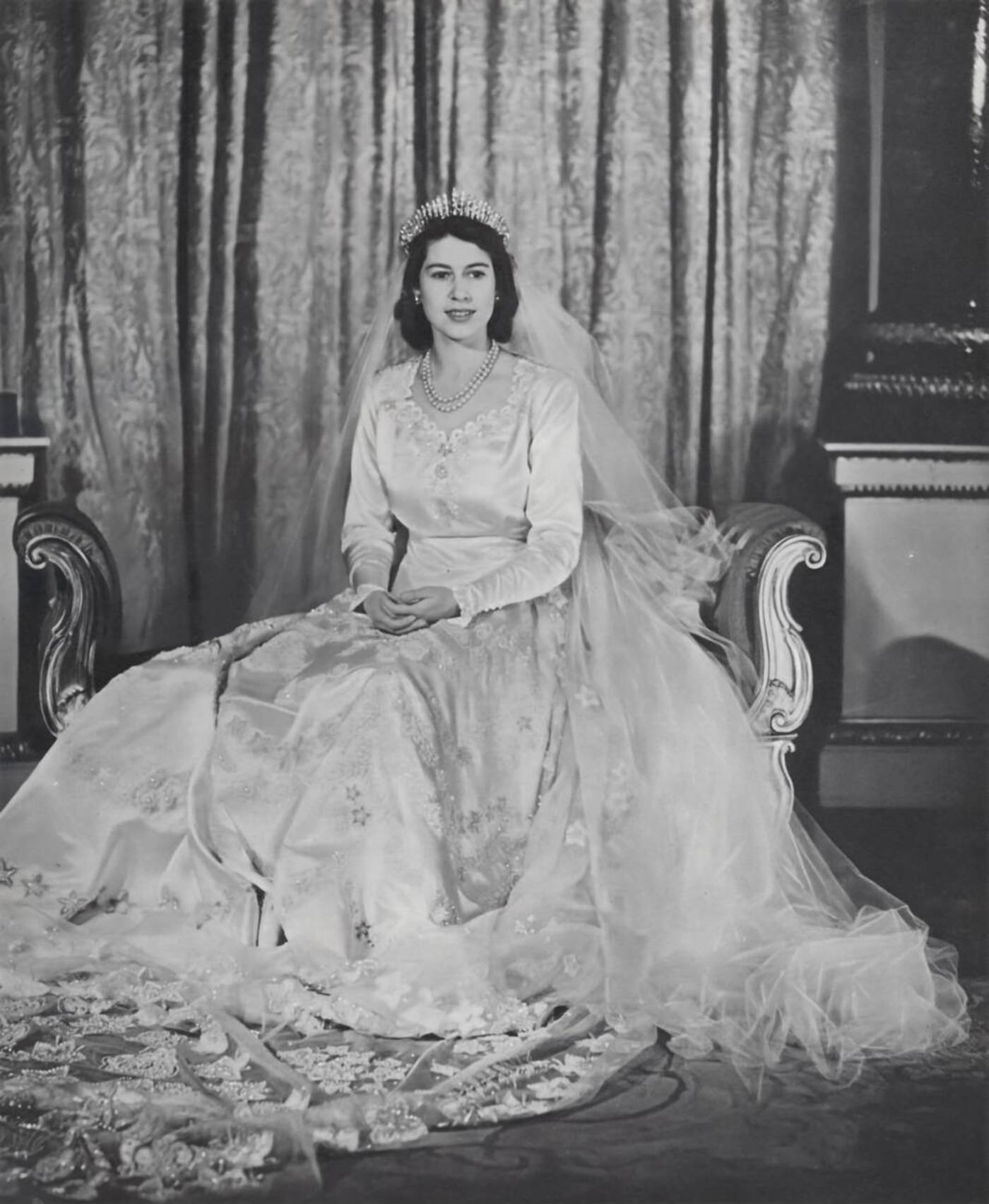 Princess Elizabeth pictured in her wedding dress on her wedding day to Philip, Duke of Edinburgh, 1947.