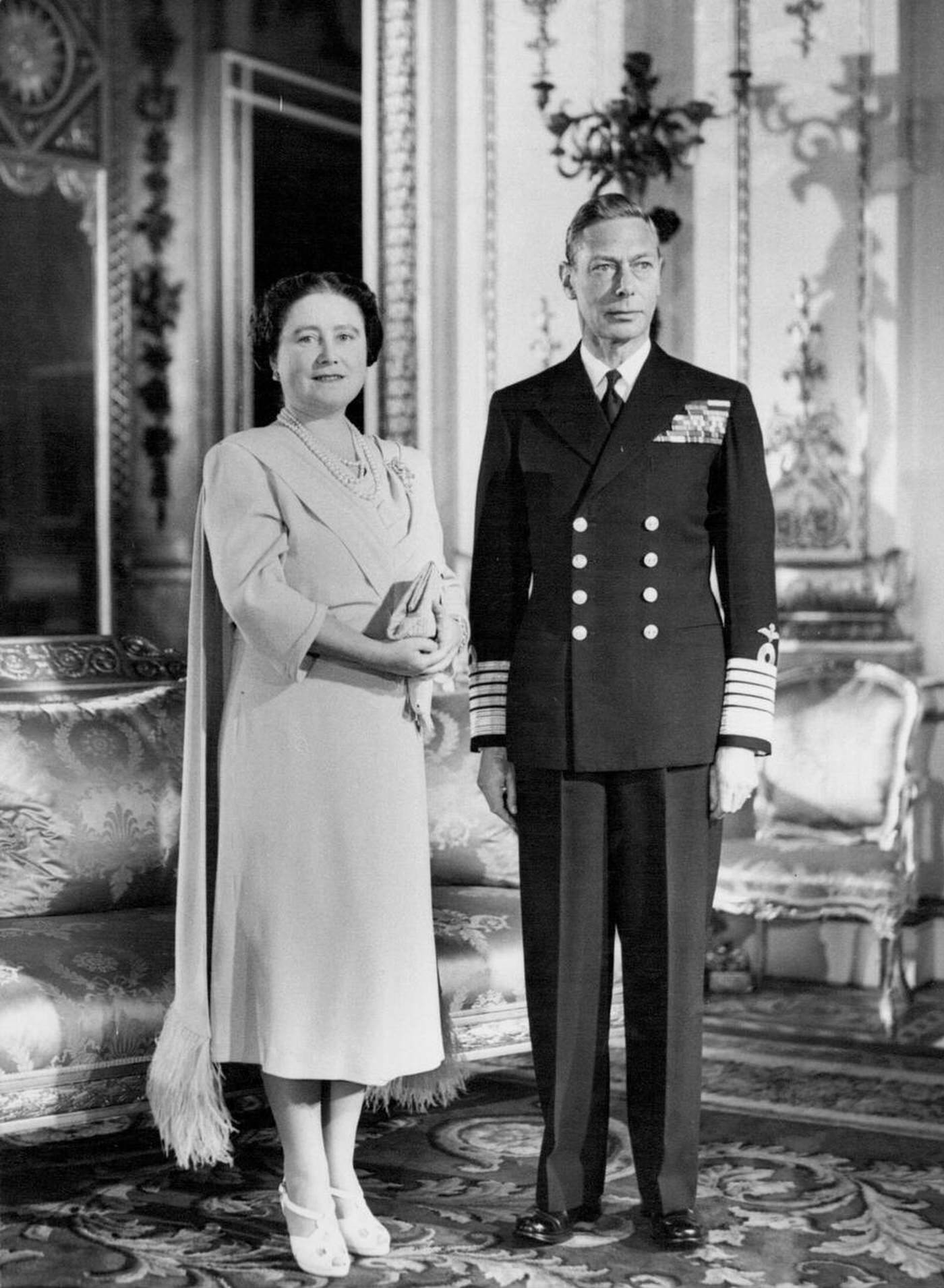 King George and Queen Elizabeth at Buckingham Palace for the Royal Wedding, 1947.