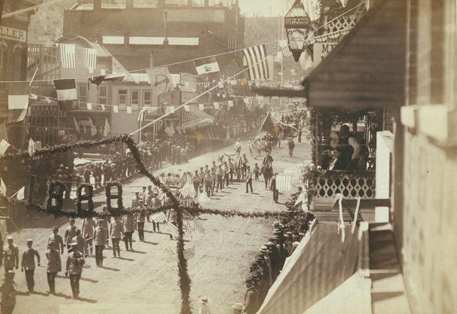 People of Deadwood celebrating completion of railroad, 1888.