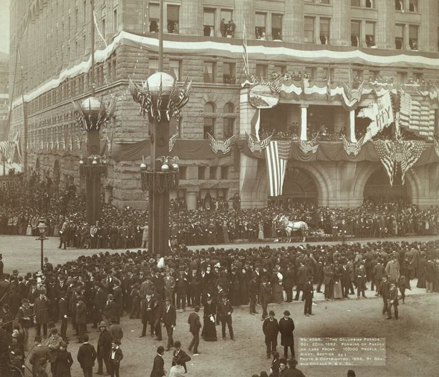 The Columbian Parade forming on lake front, 1892.