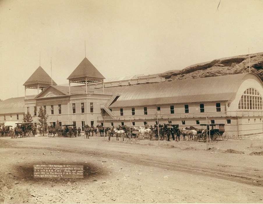 Hot Springs, South Dakota: Exterior of largest plunge bath house in U.S., 1891.