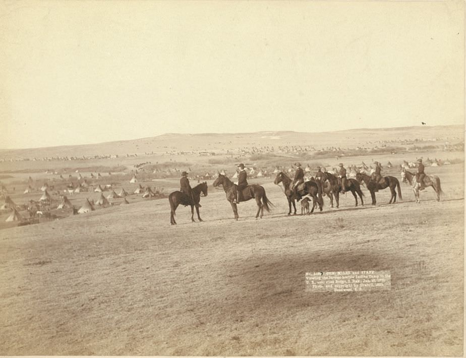 Gen. Miles and staff viewing the largest hostile Indian Camp in the U.S., near Pine Ridge, South Dakota, 1891.