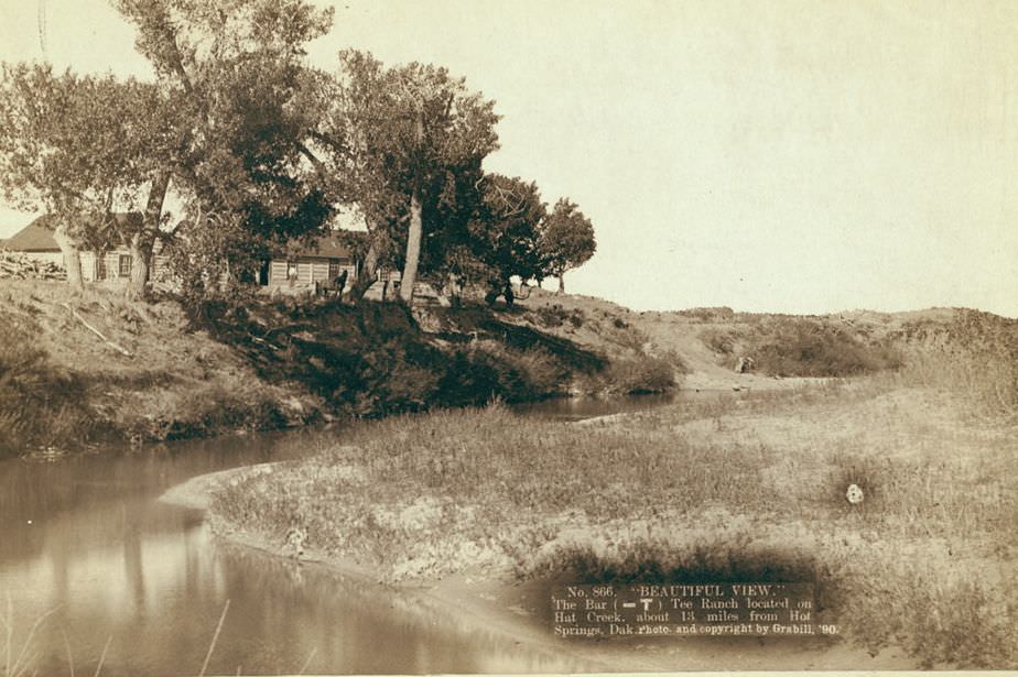 Beautiful view of The Bar (-T) Tee Ranch on Hat Creek near Hot Springs, Dakota, 1890.