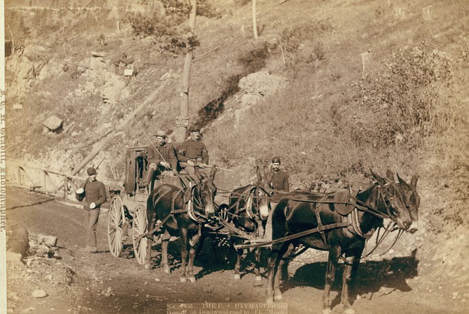 The U.S. Paymaster and Guards on Deadwood road to Ft. Meade, 1888.