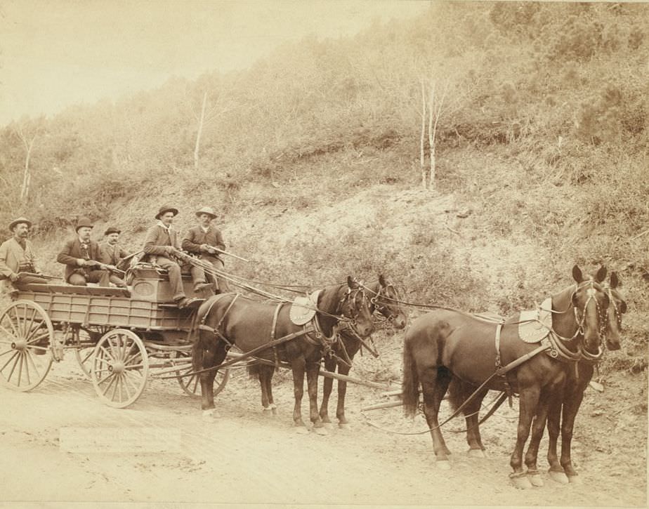 Wells Fargo Express Co. Deadwood Treasure Wagon and Guards with gold bullion from the Great Homestake Mine, Deadwood, South Dakota, 1890.