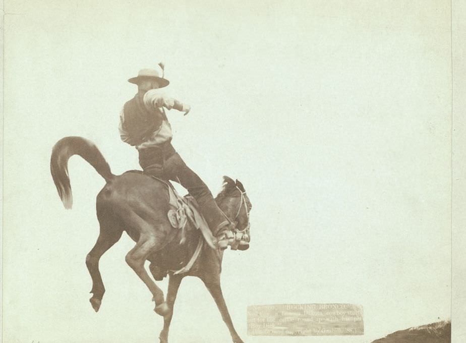 "Bucking Bronco": Ned Coy, a famous Dakota cowboy, with his pet "Boy Dick", 1888.