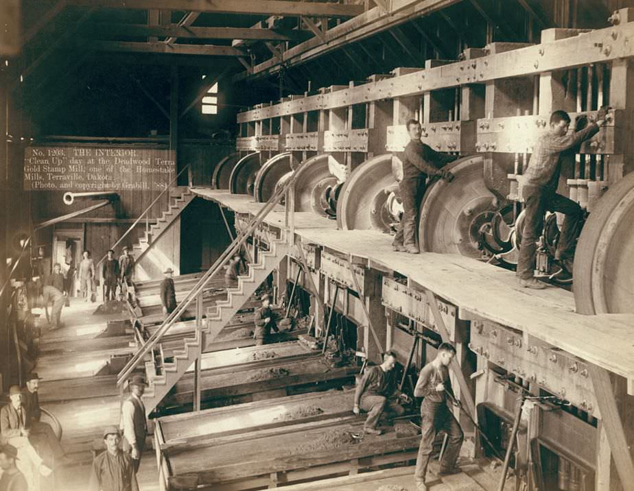 "Clean Up" day at the Deadwood Terra Gold Stamp Mill, Terraville, Dakota, 1888.