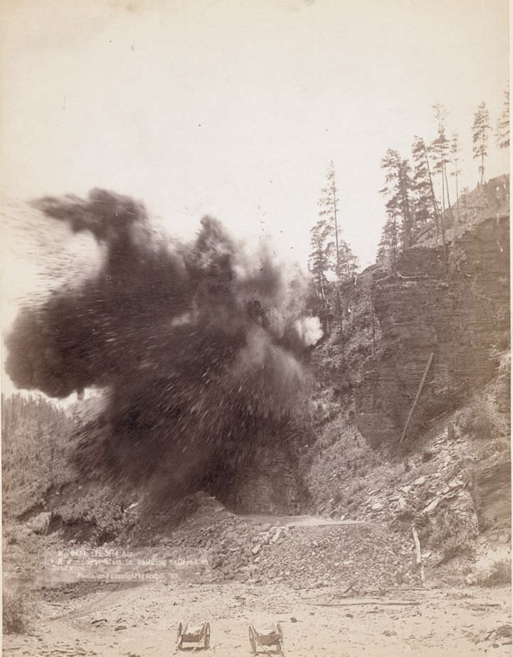 A blast in building railroad to Deadwood, 1890.