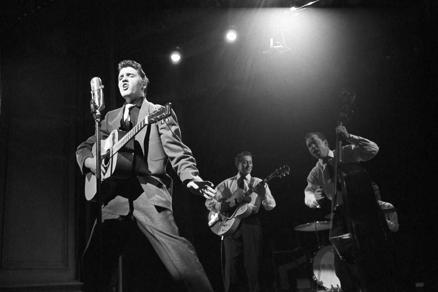 Elvis performing on the Dorsey Brothers 'Stage Show' at Studio 50 in New York, 1956.
