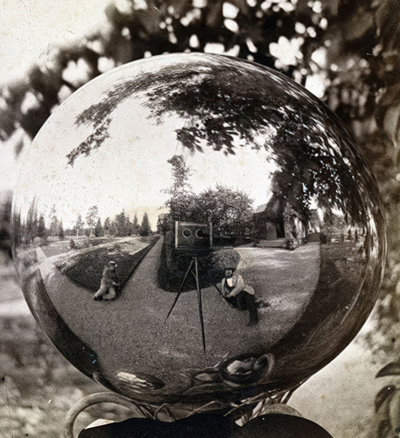 This stereo card is labeled "Finley & Sons, Photographers, Canandaigua, N.Y." On the back is a label "View at Sonnenberg, the residence of F.F.Thompson, Canandaigua, N.Y." and in ink "The Glass Bubble". Reflected in the gazing ball is a house and garden, a stereo camera on a tripod and two men reclining on the path. The "Artistic" size mount suggests a 1870s date.