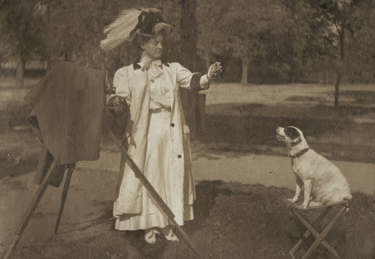 Lady photographing a dog with a view camera