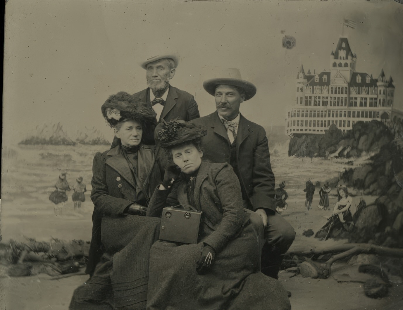 This is a tintype from the Cliff House Studio in San Francisco made sometime in the early 29th century before it burned in 1907. I have another tintype with the same backdrop and they appear on the market regularly. The seated woman has a large box camera on her lap.