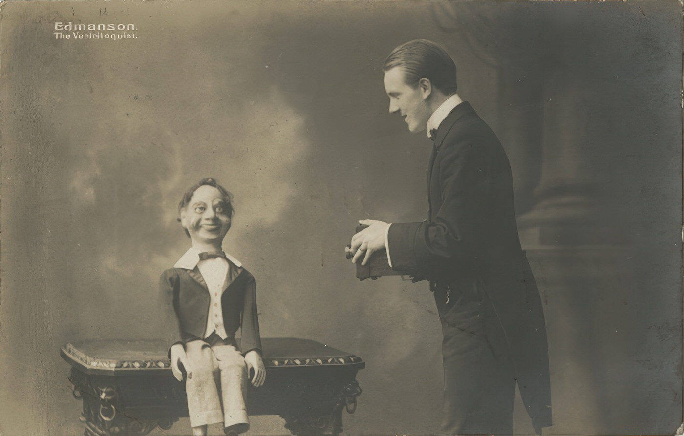 Edmanson The Ventriloquist photographs his Dummy RPPC. Robert Edmanson (1890-1949) was an English magician and ventriloquist.