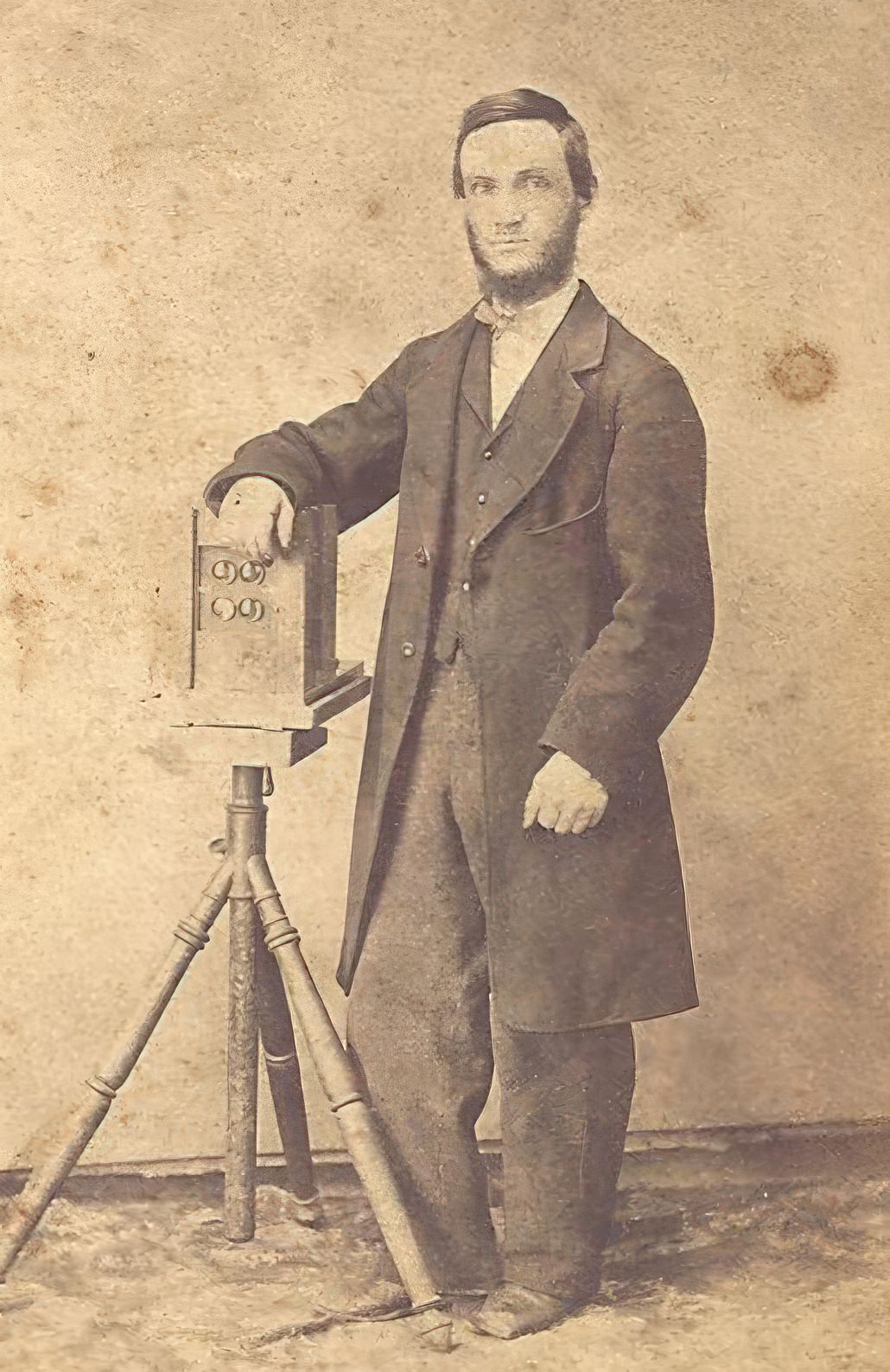 Self portrait of a photographer, ca 1860s. Since it bears the backmark of Wm. Giles, West Aurora, Illinois, it must be him. The 1870 census lists William Giles as a photographer in the 3rd Ward, Aurora, Kane County, Illinois.