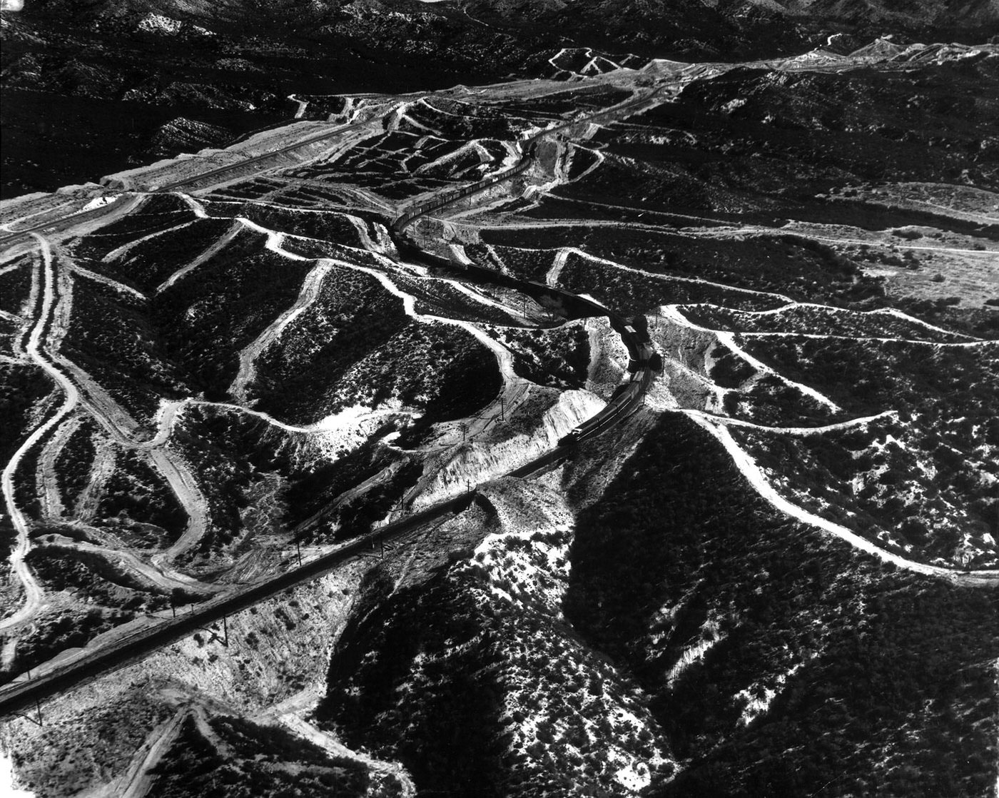 Freight train traveling through the El Cajon Pass outside San Diego, California