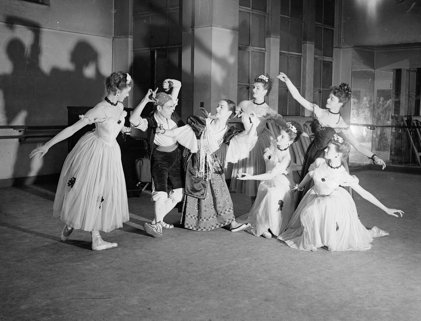 Sadler's Wells Ballet rehearsing for the Vic-Wells Costume Ball, London, 1940s.
