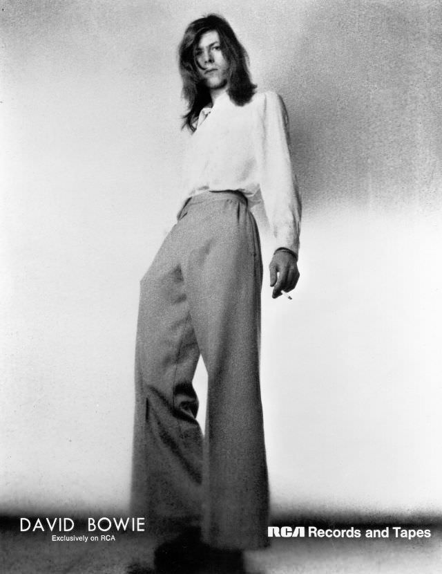 David Bowie in wide-leg pants promoting the Hunky Dory album in London, 1971.