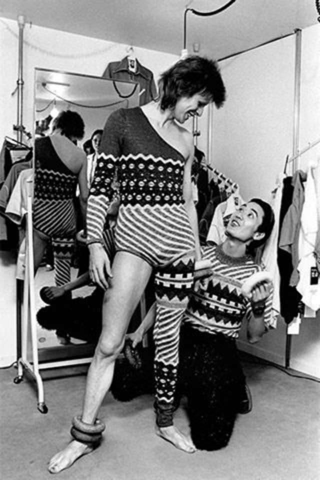 David Bowie with designer Kansai Yamamoto, 1973.
