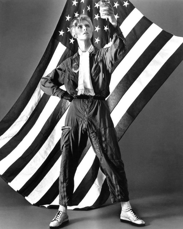 David Bowie in a jumpsuit and sneakers, 1976.