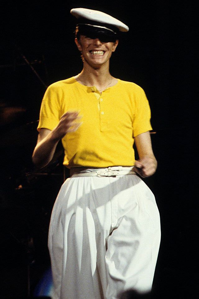 David Bowie in a sailor cap and parachute pants on his Low/Heroes tour at Madison Square Garden, 1978.