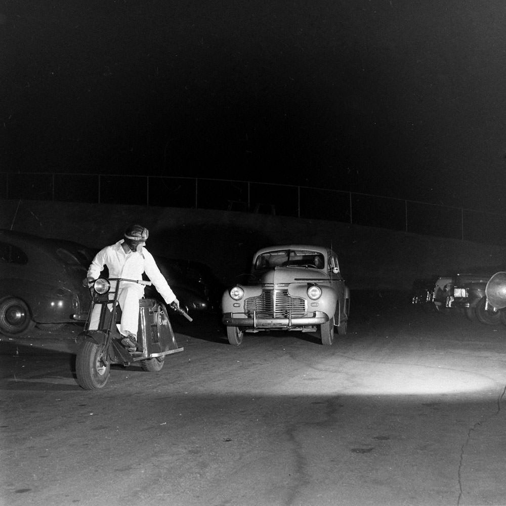 Usher, drive-in theater, San Francisco, 1948
