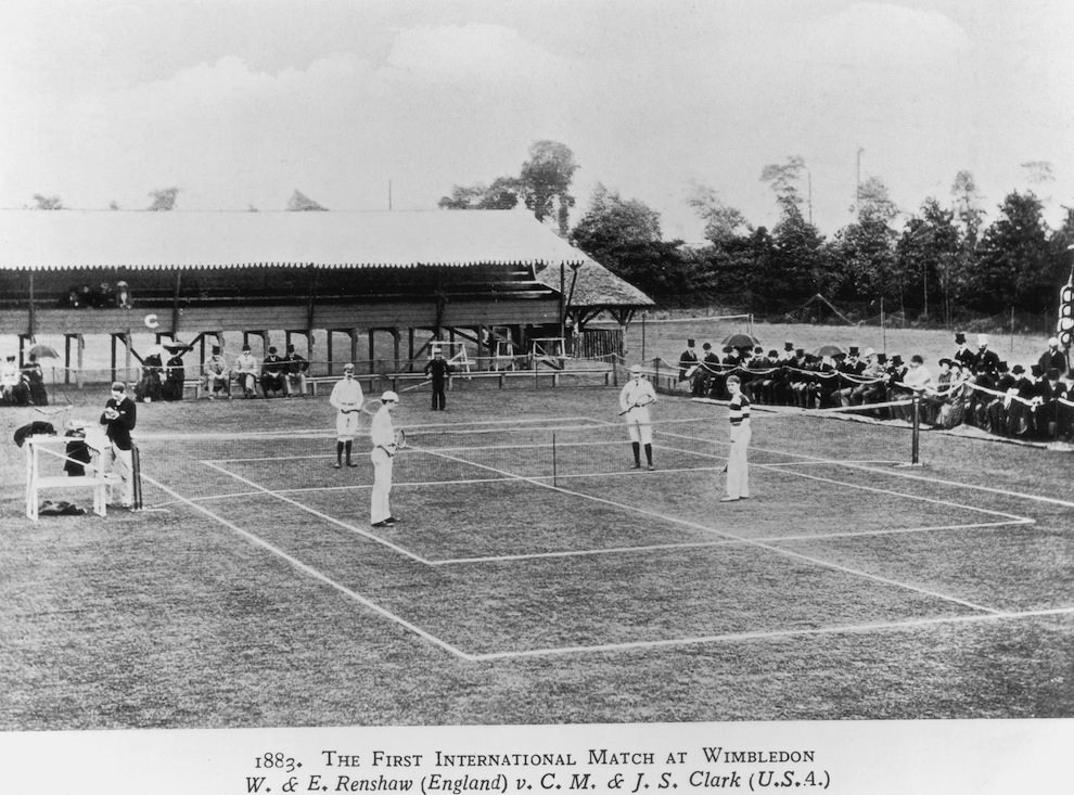 The first international tennis match takes place at Wimbledon, London, 1883.