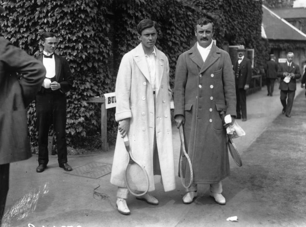 American tennis player Maurice McLaughlin with Ducan at Wimbledon for the Davis Cup championship, 1910.