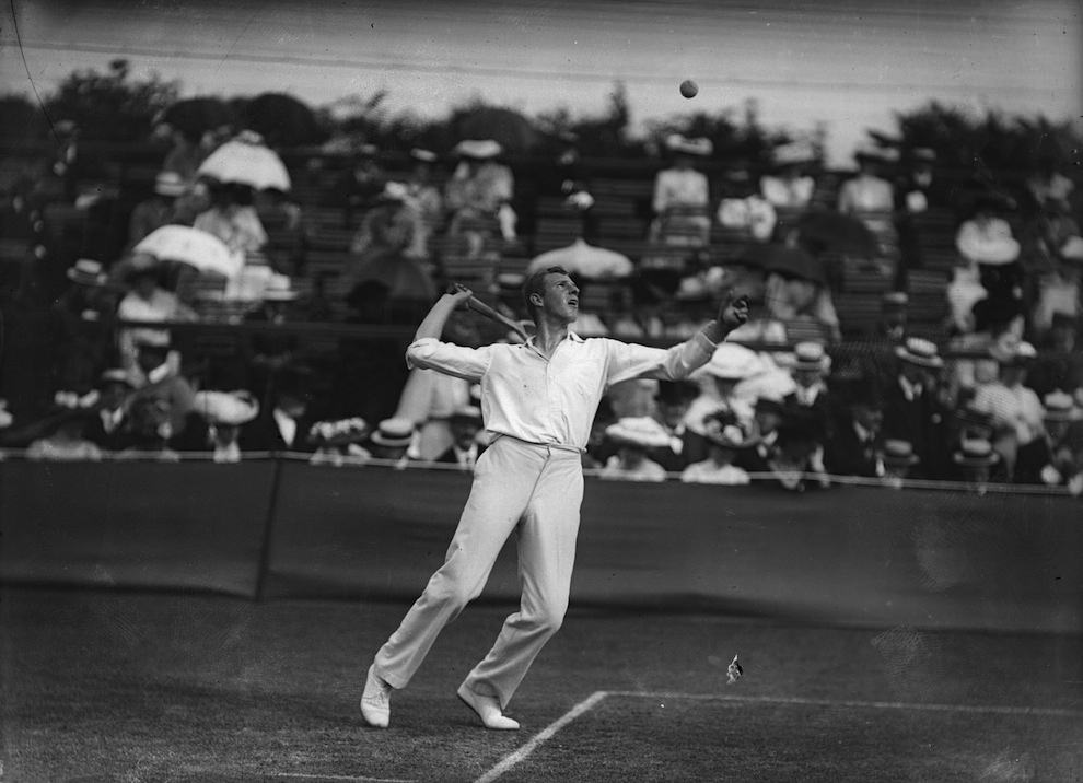 Anthony Wilding of New Zealand in action at Wimbledon, 1908.