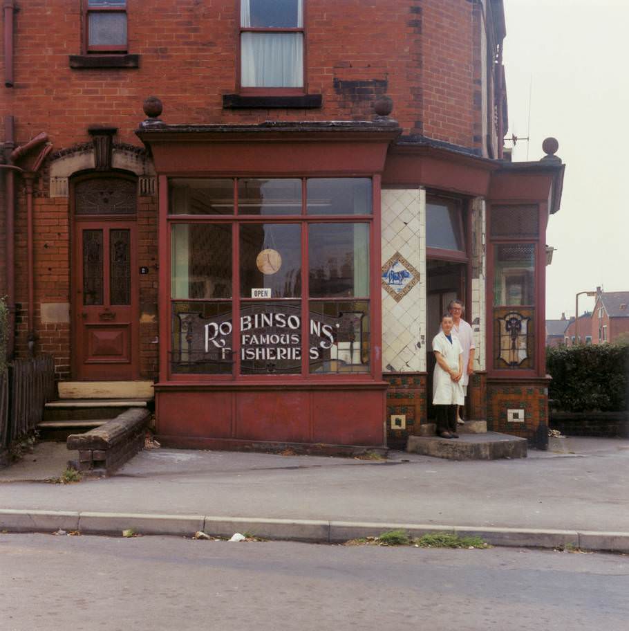 Mrs Collins and Mrs Clayton, Robinsons' Famous Fisheries, Beck Road, summer 1974.