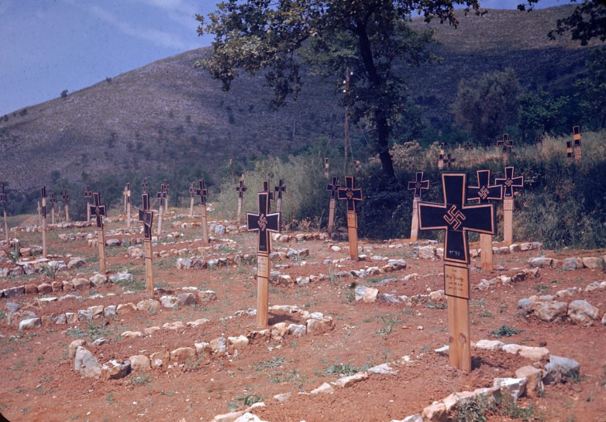 A German graveyard along the Esperia Road during the Allied drive towards Rome, World War II, 1940s.