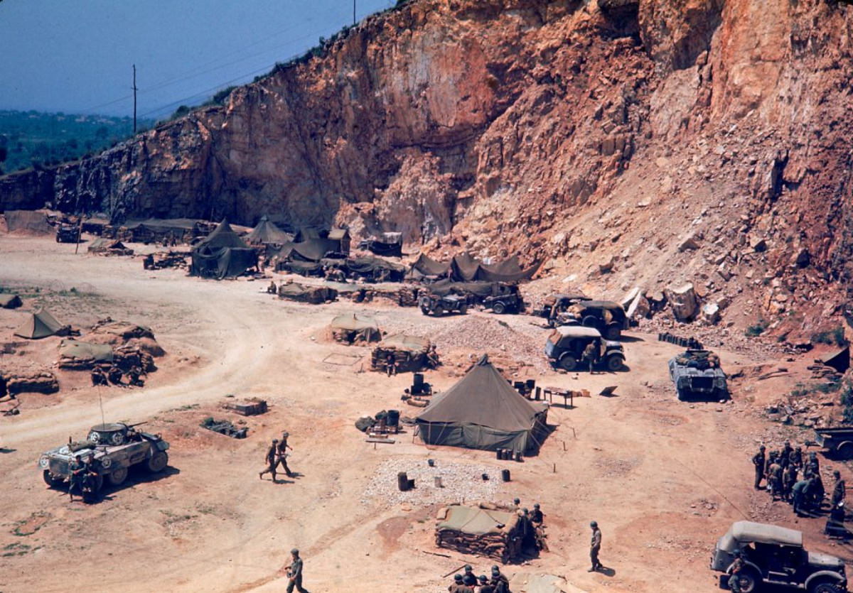American troops camped by the roadside during the drive towards Rome, 1944.