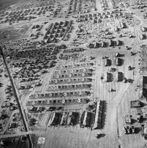 An aerial view of the shelled beachhead hospital at Anzio, 1944.