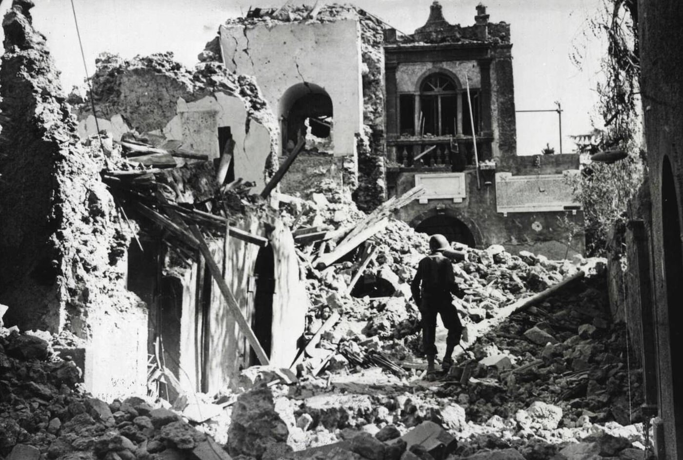 The wrecked Fascist headquarters in Randazzo, Sicily, 1943.
