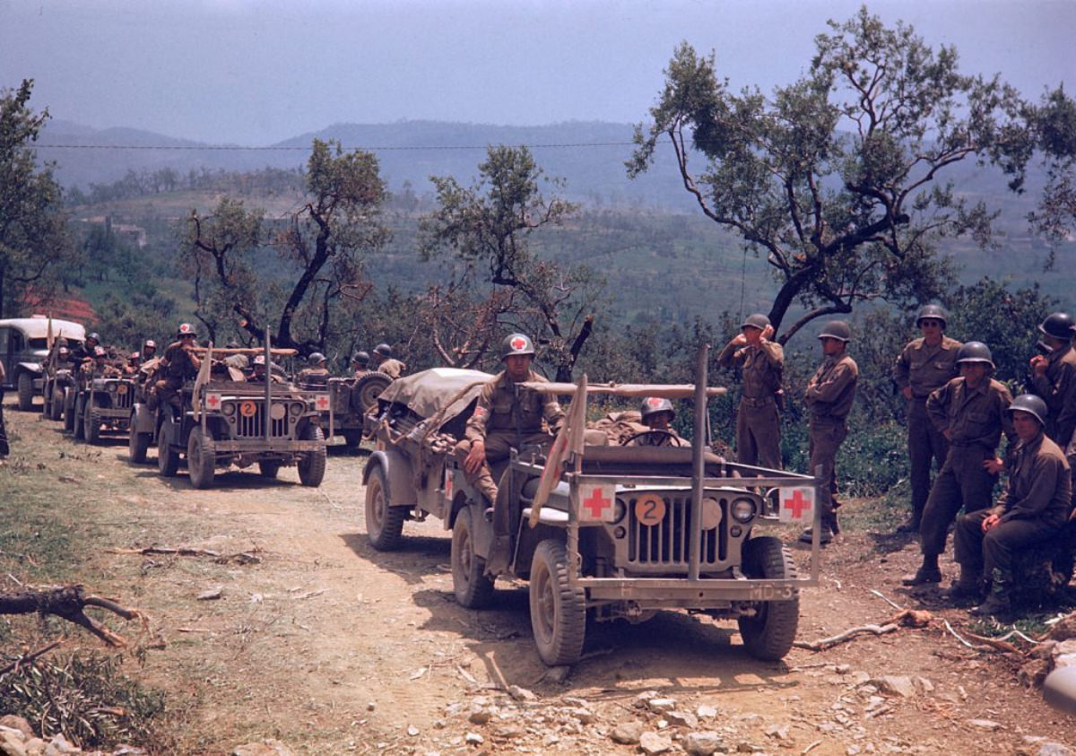 A column of American medical vehicles during the drive towards Rome, World War II, 1940s.