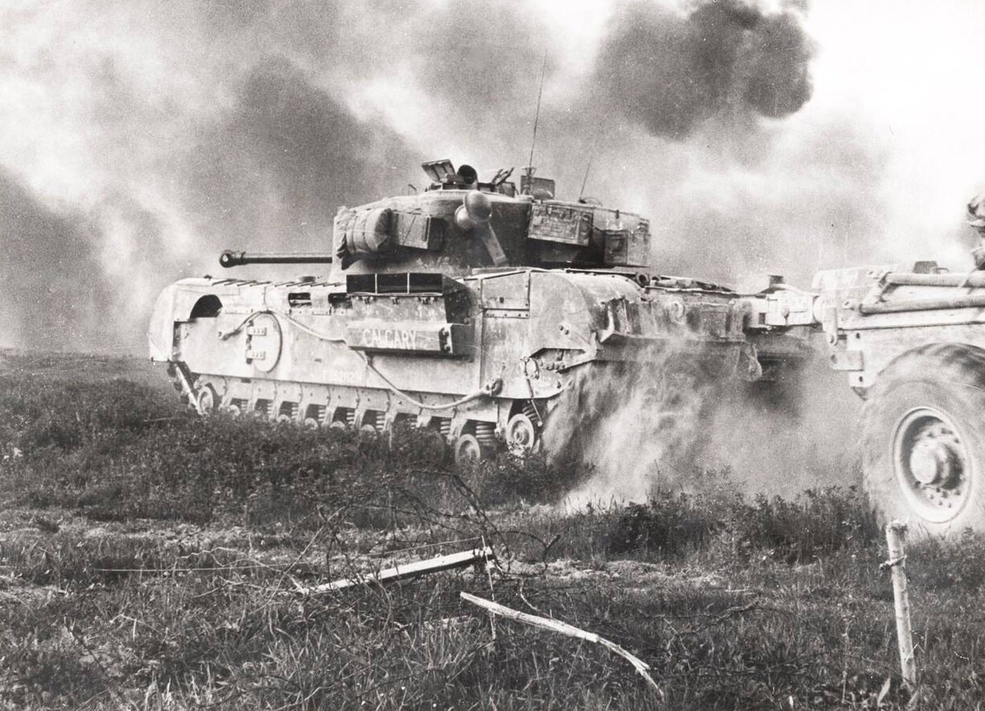 A British Churchill tank crossing the Senio River, 1940s.