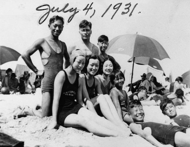 A group of friends at the beach in Venice on the Fourth of July, 1931. The three women at the center are, from left, Alice, Helen and Mary. Shades of L.A.: Korean American Community.