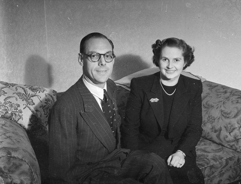 Aged 26. Pictured with her fiance Denis Thatcher (1915 - 2003).