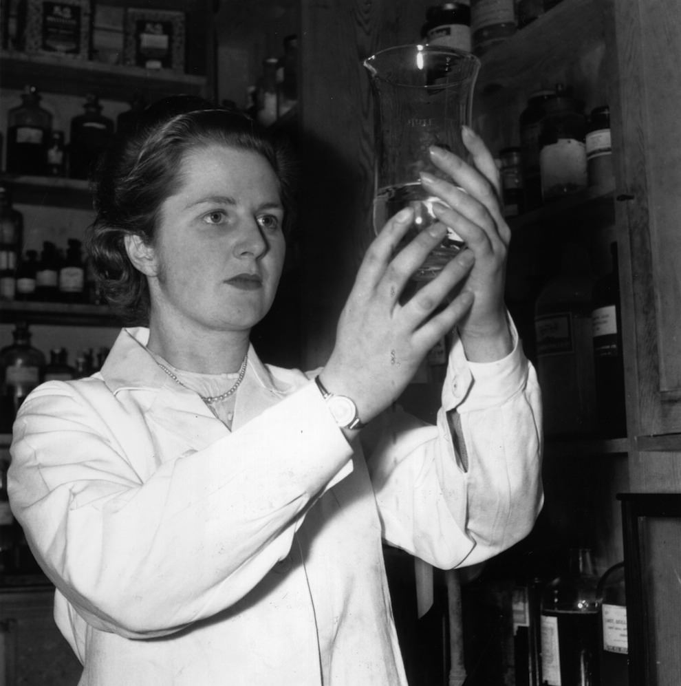 Aged 24. While campaigning as the youngest and only female candidate for the Tory seat in Dartford, Kent, Margaret Roberts worked as a research chemist.