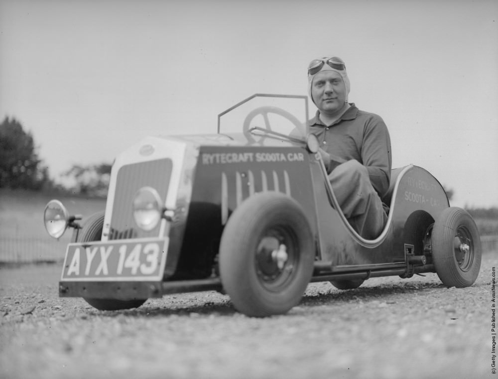 Mr Shillan driving his Rytecraft scoota-car. June 1934.