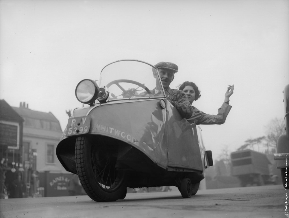 The “Whitwood”, a two wheeled motor car built to meet the demands of modern traffic. 7ft 8ins long and 2ft 3ins high, it has reached a speed of 94mph during trials. 10th December 1934.